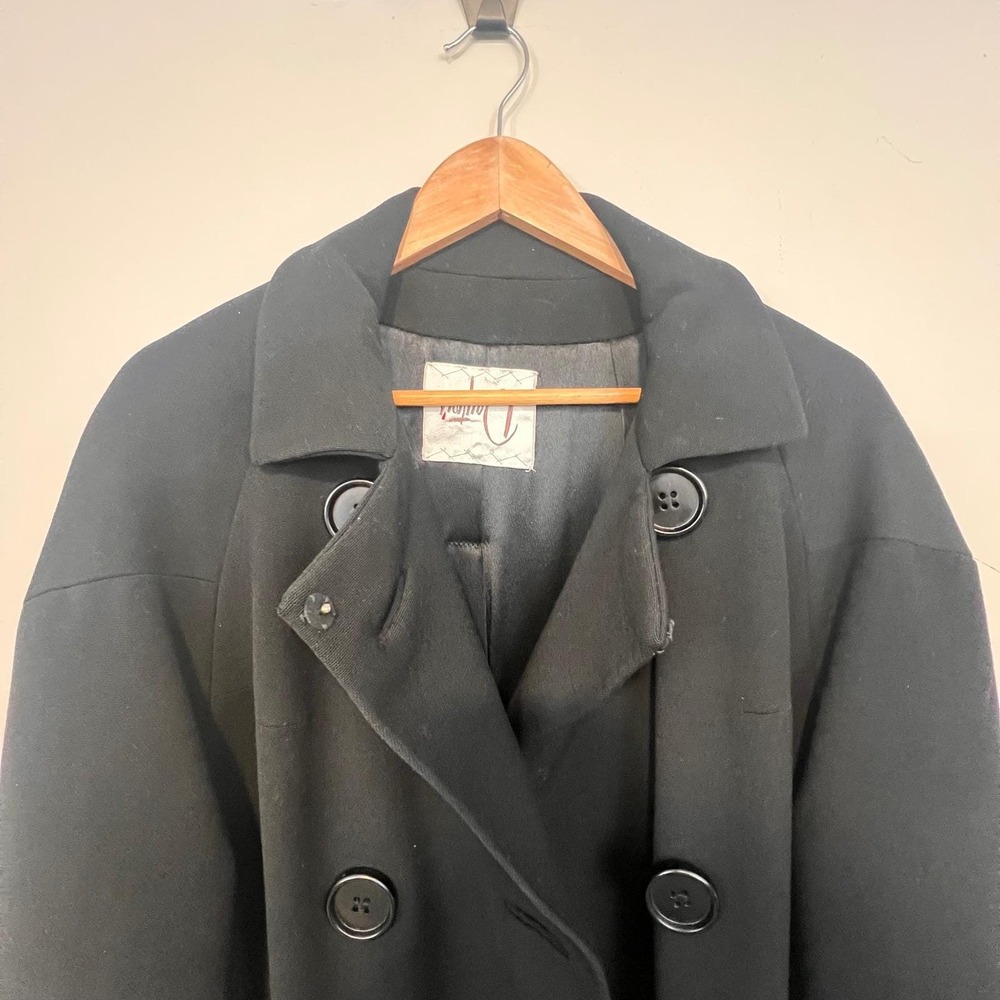 VTG 60s Union Made Black Double Breasted Crepe Wool Cocoon Coat Bracelet Sleeves - Picture 8 of 16